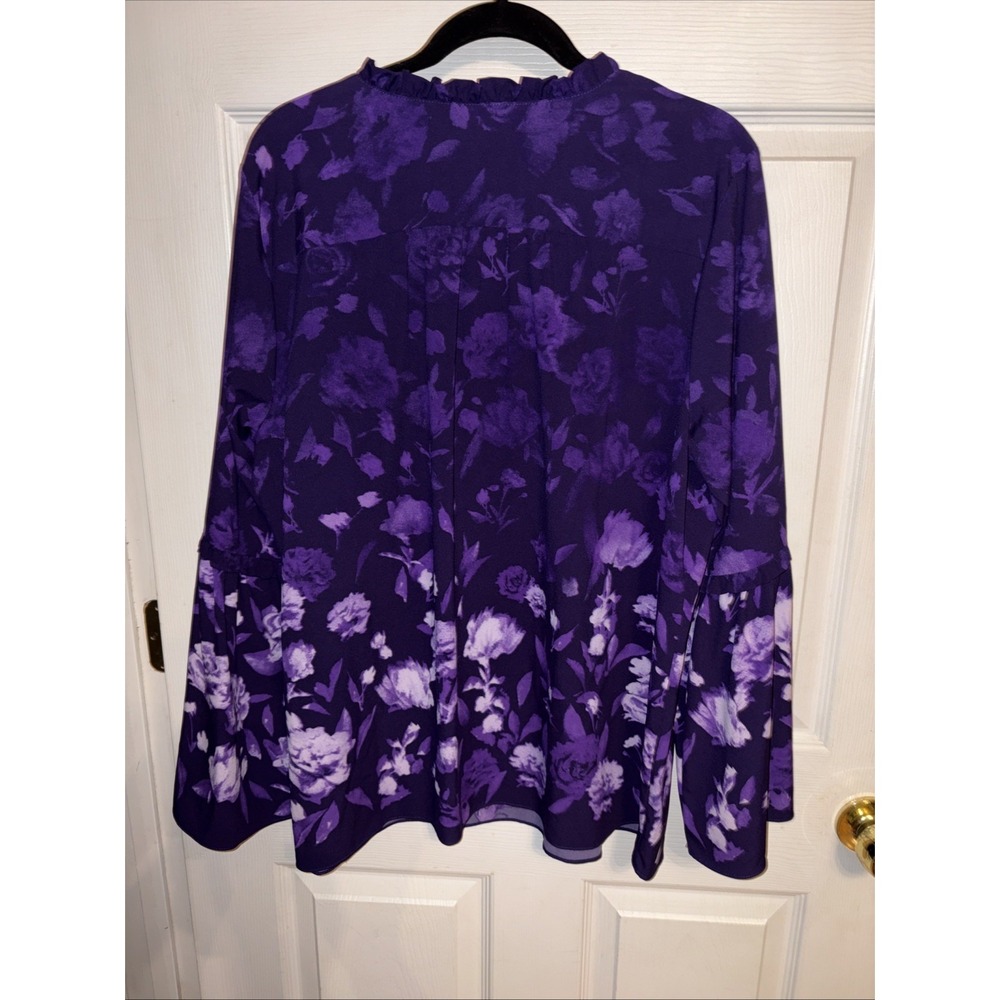 Belle Kim Gravel XL Purple Floral Ruffle Tunic Blouse Bell Sleeve Border Print - Picture 6 of 10